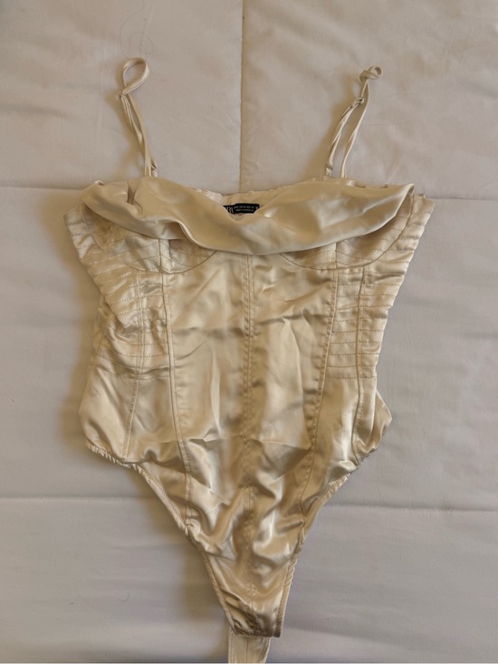 Zara Tops - Zara Cream Satin Bodysuit with Draped Neckline